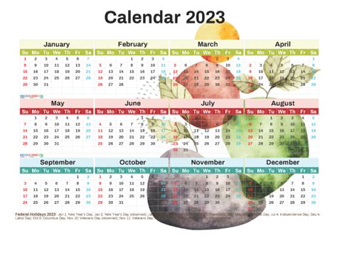 Printable 2023 Calendar With Holidays Free Watercolor