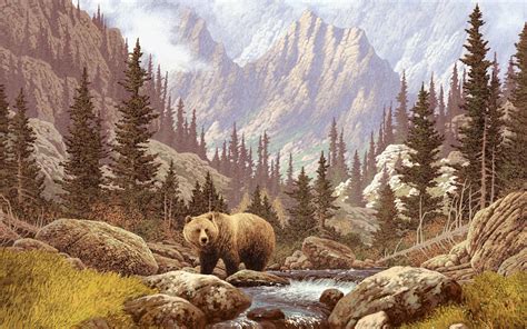 Grass River Bear Forest Pattern Stones Mountains Painting