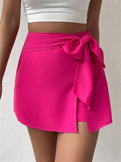 Hot Pink Casual Collar Fabric Plain Skort Embellished Non Stretch Fall Women Clothing Cute Skirt