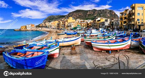 Traditional Fishing Village Aspra With Colorful Boats In Sicily Stock