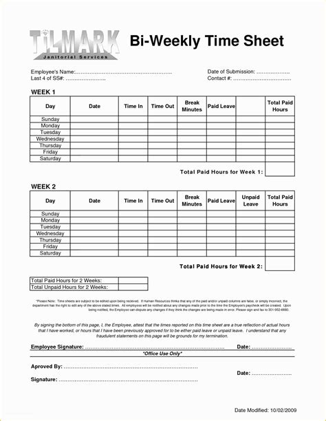 Printable Bi Weekly Timesheet Template