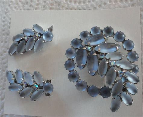 60s Light Blue Rhinestones Silvertone Brooche Clip Earrings Etsy