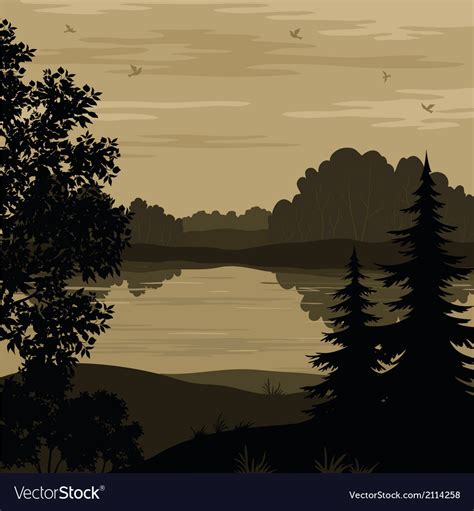Landscape Trees And River Silhouette Royalty Free Vector