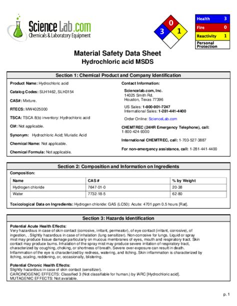 Pdf Material Safety Data Sheet Hydrochloric Acid Msds Section 1