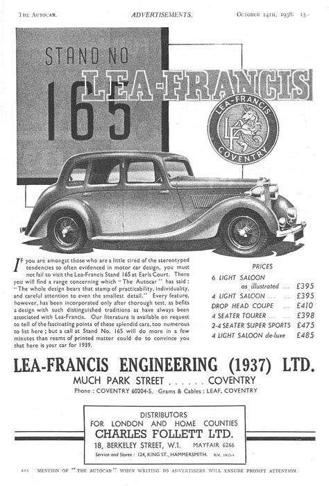 Lea Francis 6 Light And 4 Light Car Motor Autocar Advert 1938 Motor