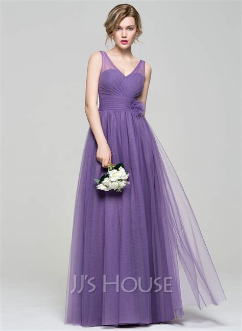 A Line Princess V Neck Floor Length Tulle Bridesmaid Dress With Ruffle Flower S 007074188