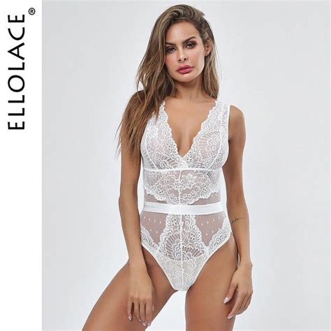 Ellolace Summer Lace Bodysuit Women Floral Embroidery Deep V Neck Sexy