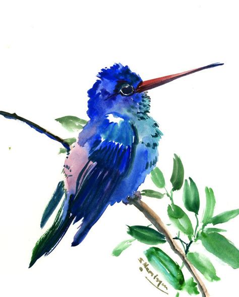 A Painting Of A Blue Bird Sitting On A Branch With Green Leaves Around