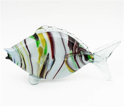Midcentury Multi Color Stripped Medium Scale Murano Blown Glass Fish