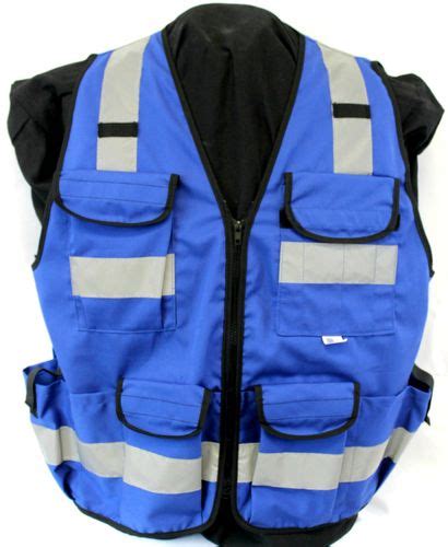 Custom imprints are available for quantities of 60 or more blue safety vests with pockets. Ameri-Viz BLUE 11 PKT VEST (SURVEYOR) ZIPPER | SAFETY APPAREL | SAFETY VEST | NON ANSI | MTS ...