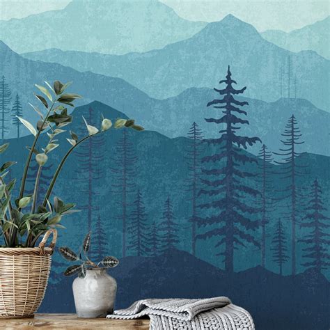 Mountain Wallpaper Woodland Wallpaper Forest Blue Ombré Etsy