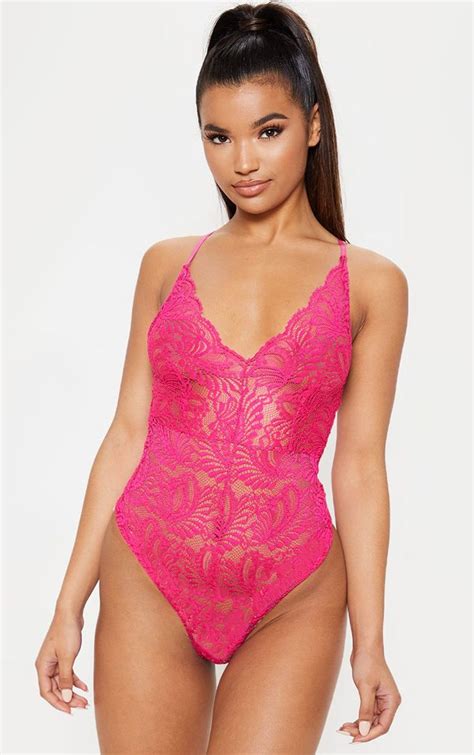 Bright Pink Lace Cross Back Bodysuit Pink Lace Bodysuit Pink Lace Bright Pink