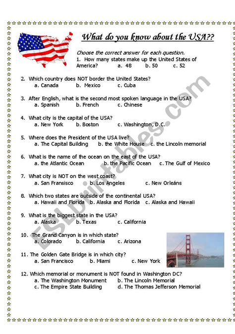 Test your knowledge and perhaps learn something new with this general knowledge quiz! English worksheets: USA general knowledge quiz and pictures
