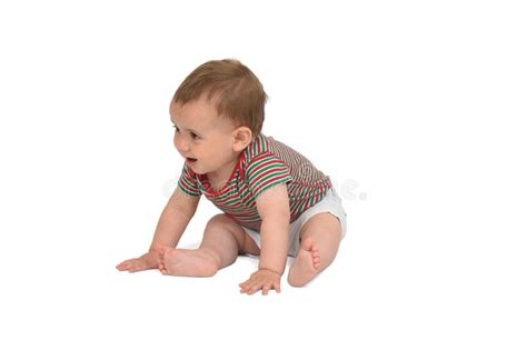 Baby Sitting In A Highchair On White Background Stock Photo Image Of