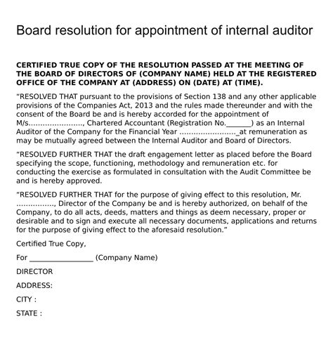 A letter of appointment is a written offer of a specified position in an organization. Board resolution for appointment of internal auditor ...