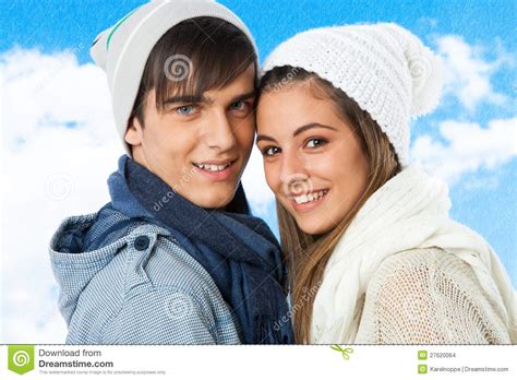 Find gifs with the latest and newest hashtags! Portrait Of Cute Teen Couple In Winter Clothes. Stock ...