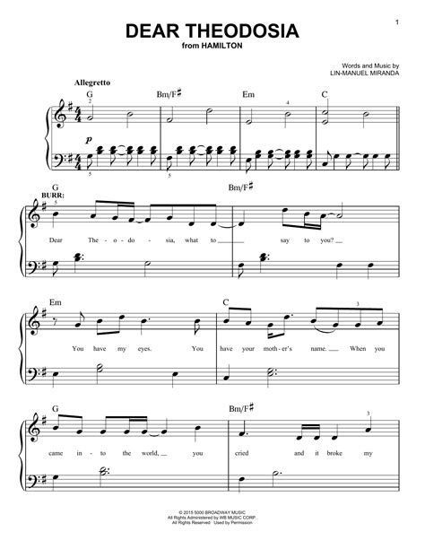 Dear Theodosia From Hamilton Easy Piano Print Sheet Music Now
