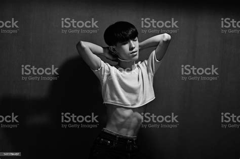 Black And White Photo Of Slim Asian Crossdressermale With Black Shortstraight Hair Wear Croptop