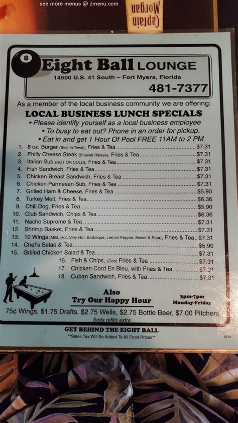 Menu At 8 Ball Lounge Restaurant Fort Myers