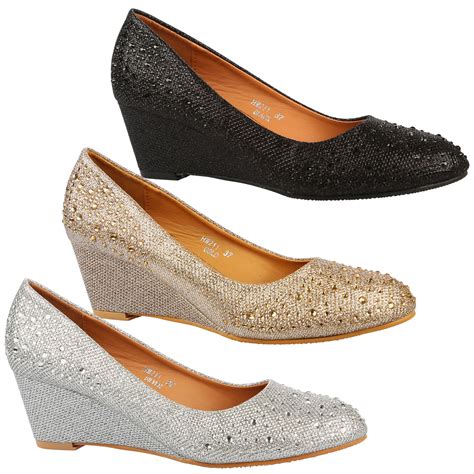 Debbie Womens Low Mid Wedges Heels Diamante Shimmer Court Shoes Ladies