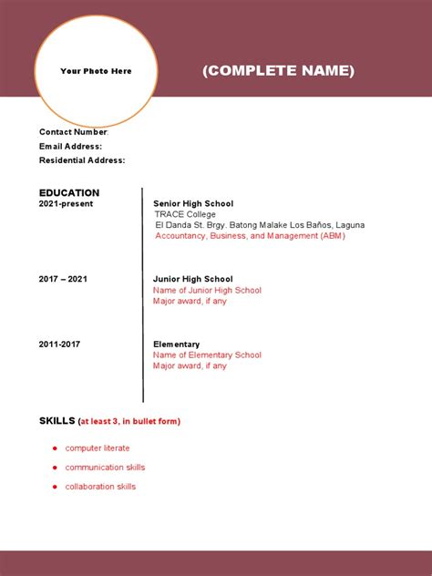 Work Immersion Resume Template Pdf