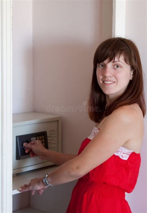 Woman Using Safe At Hotel Room Stock Image Image Of Interior Data