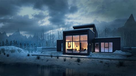 Architecture Modern Nature Landscape House Trees Winter Snow Mountains Lake Pine Trees