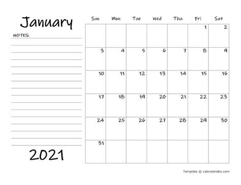 2021 Blank Calendar Template With Notes Free Printable Templates