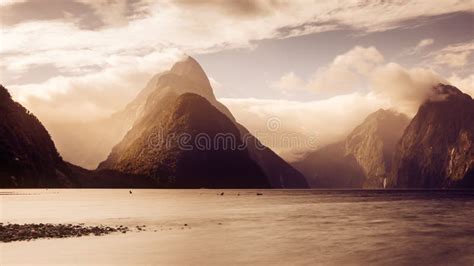 Panoramic Scenic View Of Milford Sound At Sunset New Zealand Stock