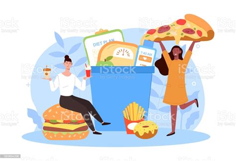 Ilustración De Dos Mujeres Felices Están Comiendo Sabrosa Comida