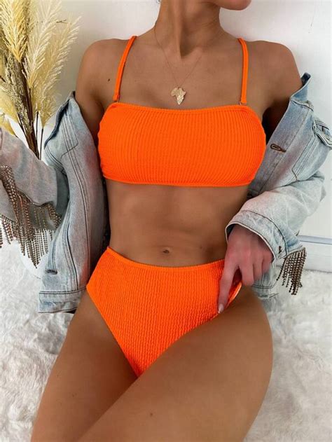 Shein Swim Vcay Neon Orange Textured Bikini Set Wireless Bra Top High
