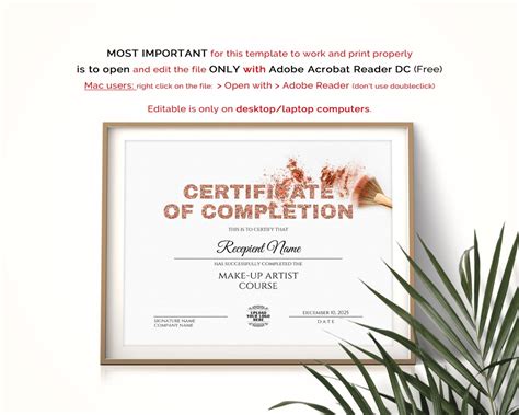 Editable Make Up Artist Certificate Of Completion Beauty Etsy