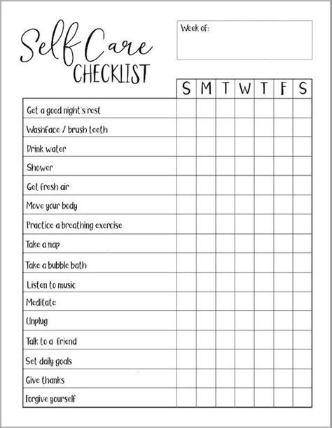 Self Care Checklist Printable Etsy Self Care Worksheets Self Self