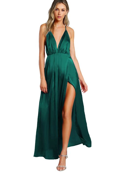 Buy Shein Womens Sexy Satin Deep V Neck Backless Maxi Club Party Evening Dress Online At