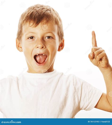 Little Cute White Boy Pointing In Studio Isolated Close Up Stock Image