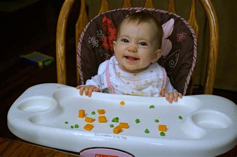She started with big pieces of food that were easy to grasp, like baked sweet potato sticks and steamed broccoli. 7 Months Old: Baby Update | A Healthy Slice of Life