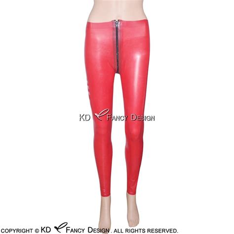 buy red sexy latex leggings with front to crotch zipper rubber pants jeans