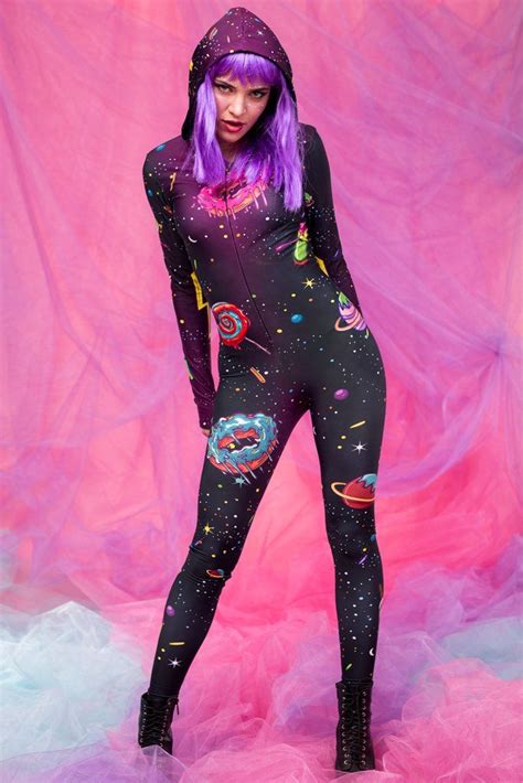space munchiez fit onesie by badinka abstract patterned hooded fitted festival bodysuit check