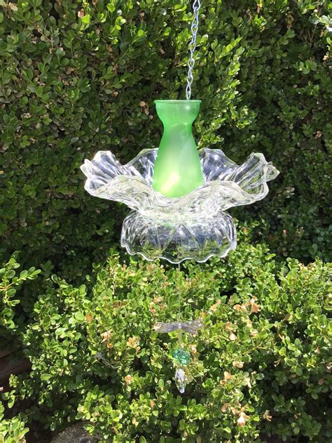 Repurposed Glass Bird Feeder In Green With Dragonfly Sun Etsy