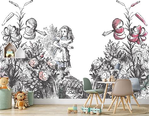 Alice In The Garden Of Live Flowers Wall Mural Alice In Etsy Kids