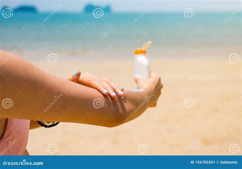 Girl Applying Sun Lotion On The Beach Stock Image Image Of Female