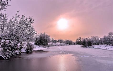River Snow Winter Sun Landscape Ice Frozen Sunrise Sunset Wallpaper