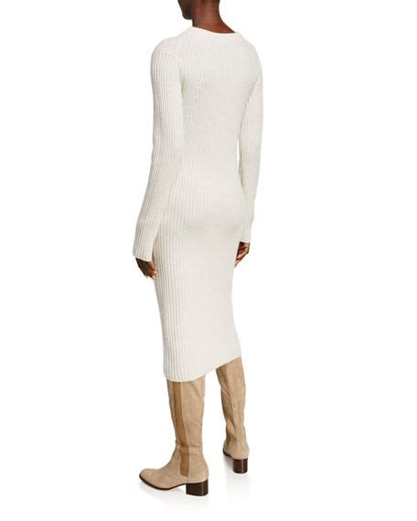 Vince Ribbed Wool And Cashmere Long Sleeve Sweater Dress In Heather White