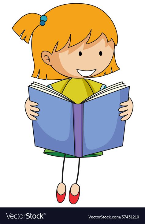 Cute Girl Reading Book Doodle Cartoon Character Vector Image