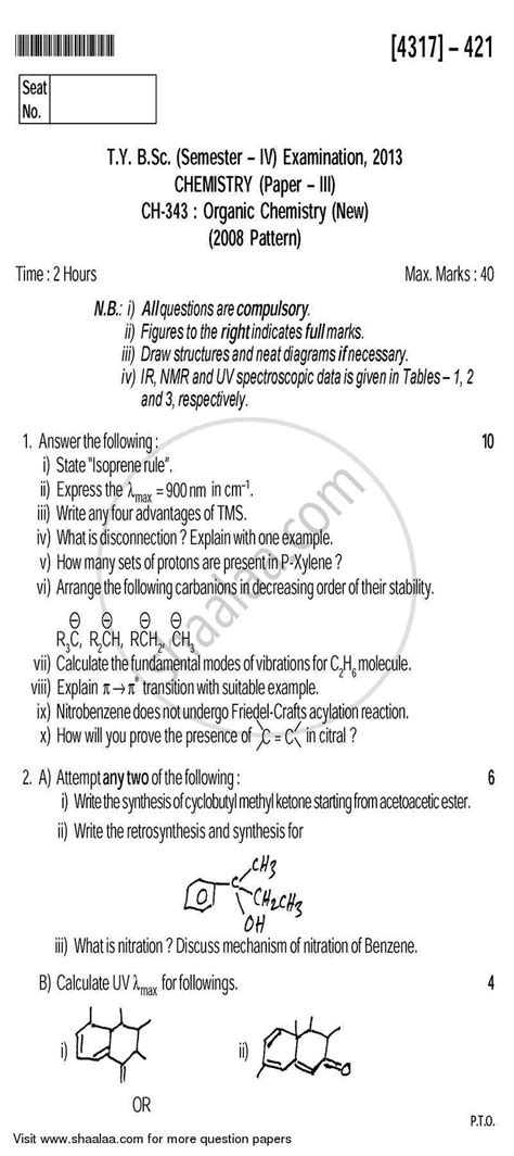 Exam sheets is the best provider of it exams preparation material. Question Paper - B.Sc Chemistry Semester 6 (TYBSc) Organic ...