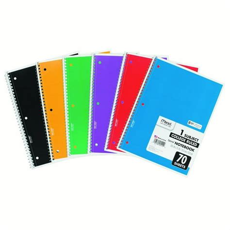 Mead Spiral Notebook 1 Subject College Ruled 70 Sheets Assorted