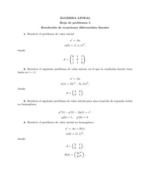 ´algebra Lineal Hoja De Problemas 5 Resolución De Ecuaciones