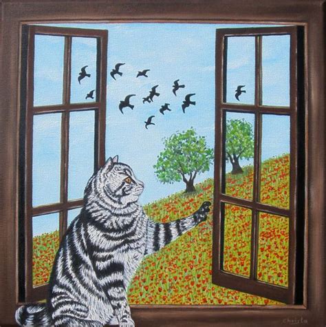 Cat On The Window Hand Painting 12x12x12 Wall Hanging Nursery Etsy