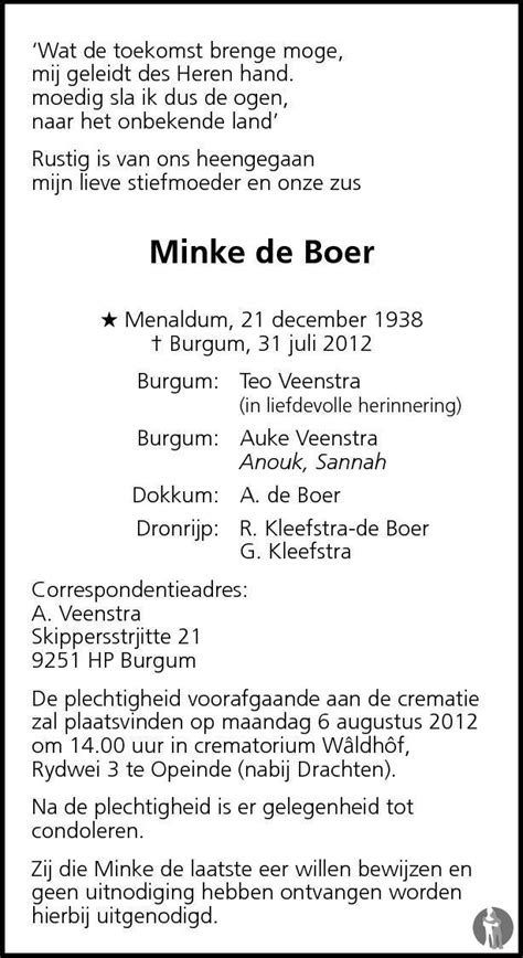 Minke De Boer 31 07 2012 Overlijdensbericht En Condoleances Mensenlinqnl