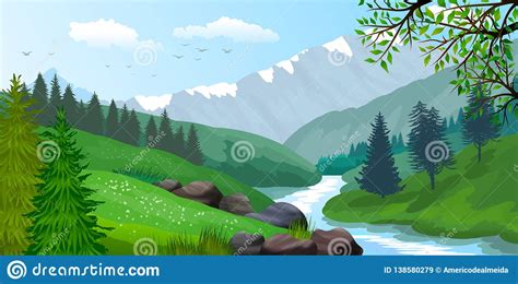 Natural Landscape With Mountains River Forest Green Hills Stock